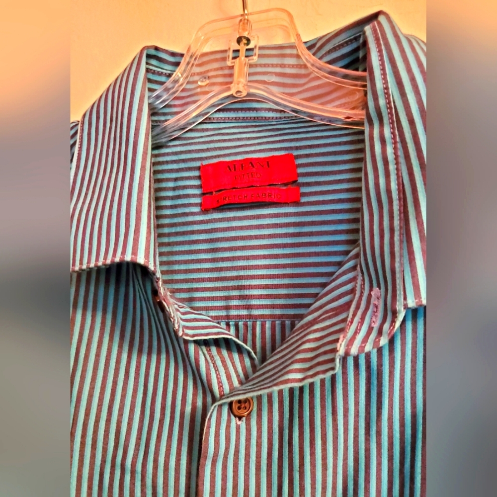 Alfani New Men's Teal and Burgundy Striped Shirt - Picture 3 of 5